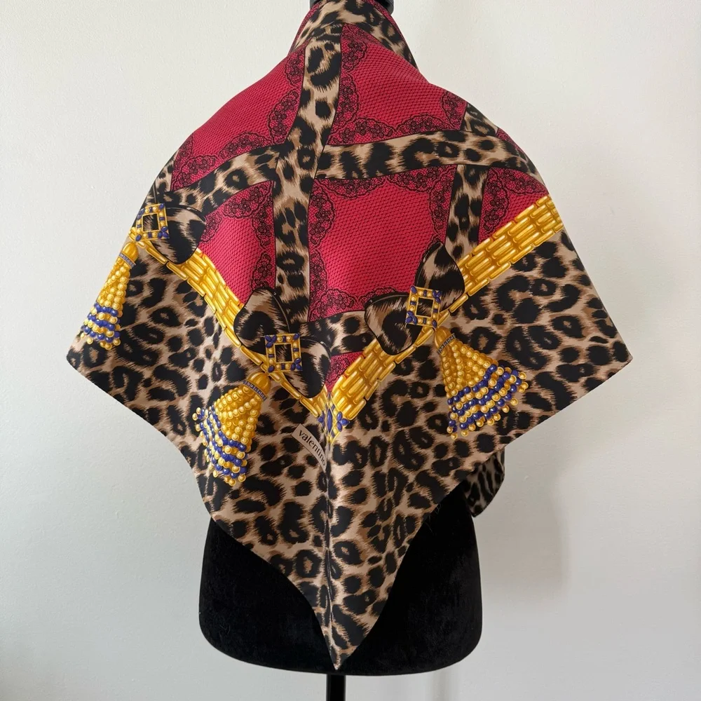 Valentino Leopard & Red Silk-Effect Decorative Silk Scarf